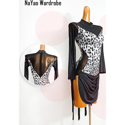 2020 New LW622 Leopard Patchword Long Sleeve Latin Dance Dress Women Performance Costume Waltz Tango Fox Trot Latino Dancewear