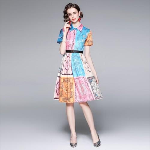 2021 Summer Womens Dress French Commuter Lapel Print Pleated Short-sleeved Dress New Waist Female Slim Dresses X372