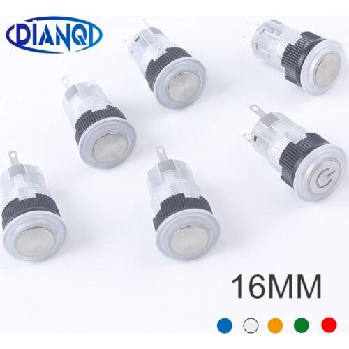 16mm Plastic White Push Button with LED Light Waterproof Flat Circular 3-6V 12-24V 220V Momentary/ Latching PC Power Switches
