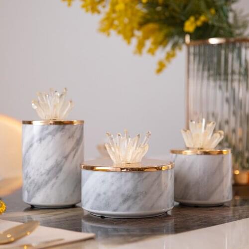 Nordic Marble Texture Ceramic Storage Jar With Crystal Stone Metal Lid Dried Fruit Candy Jar Storage Decor Luxury Table Ornament