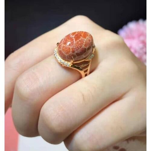 S925 silver gold-plated inlaid natural ammonite coral jade ring precious, rare and beautiful orange red large gemstone unique