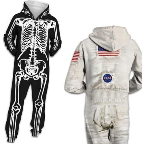 NEW Halloween Carnival Party Unisex Jumpsuit for Women Men Space Skeleton Skull Printed Hooded Sweater Insider Fur Zipper Romper