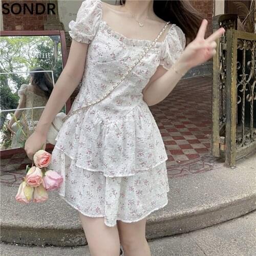 Korean Sweet Girly Floral Dress Women Summer 2021 Ruffled Puff Sleeve Sexy Girl Mini Cake Dresses Kawaii French First Love Dress