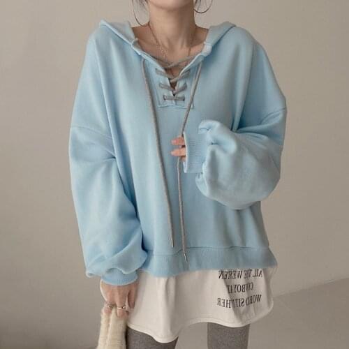 Korean Style Fake Two Pieces Drawstring Hoodie Top For Women Spring Autumn Streetwear Casual Pullover Hooded Sweatshirt