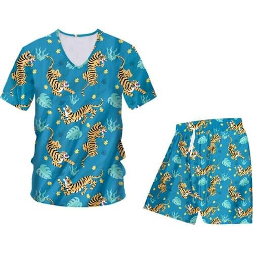 OGKB Oversize Men Sets Casual Summer 2 Pieces Suits Tiger Leaves 3D Printed T Shirts And Shorts Pants Tracksuit Dropshipping