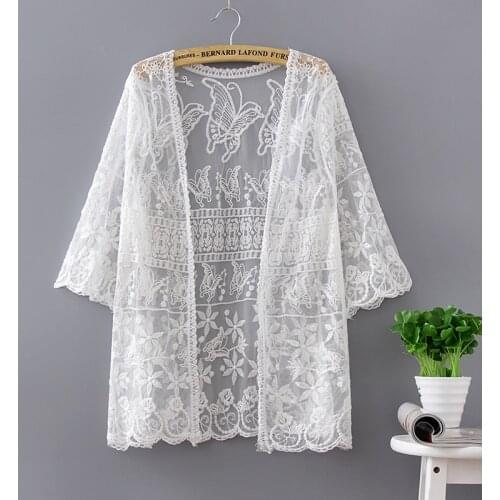TingYiLi Hollow Out Lace Shirts Womens Summer White Kimono Cardigan Korean Girls Holiday Beach Boho Sun Protection Cardigan Coat