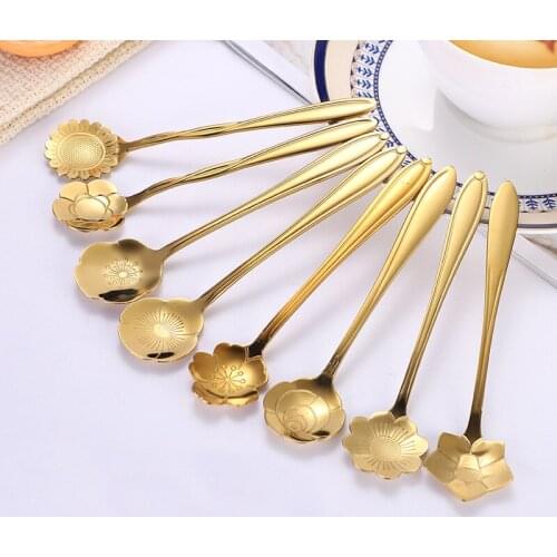 1 Piece Gold Stainless Steel Spoon Wedding Dinner Party Cafe Dessert Pudding Flower Shaped Stirring Scoop