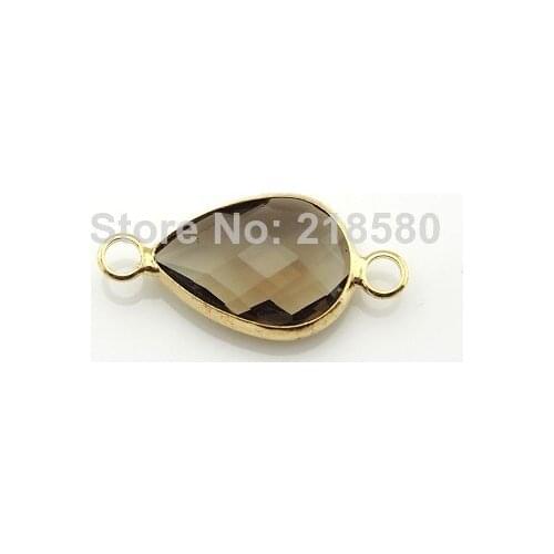 MBC0002 Brown Faceted Crystal Teardrop Pendant Jewelry Connector Gold or Silver Bezel Double Bail Pendant 13x18mm