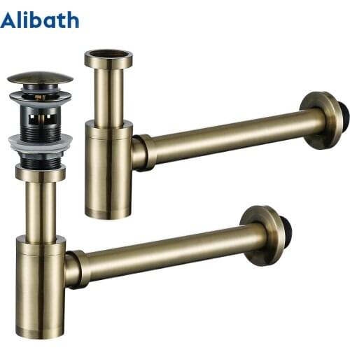 New Bottle Trap Brass Round Siphon Antique P-TRAP Kit Bathroom Vanity Basin Pipe Waste With Pop Up Drain