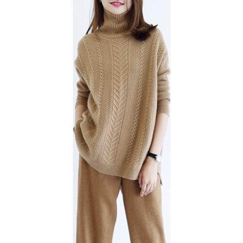 2021 new high neck cashmere sweater womens medium and long thickened Pullover Sweater loose lazy knitted bottomed sweater