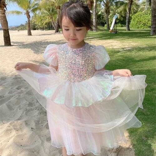 New 2021 Summer Kids Clothes Girls Dress Baby Fashion Sequins Princess Party Dress Children Dresses Pink Blue Vestidos 18M-9Y
