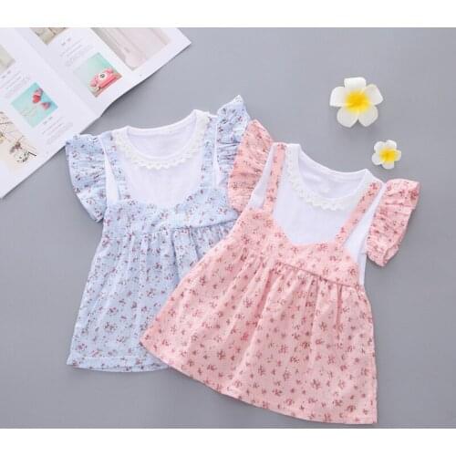 Toddler Girl Clothes Summer Baby Girls Clothing Girls Outfit Fly Sleeve Floral Printed Straps Dress Fake two pieces Outfit