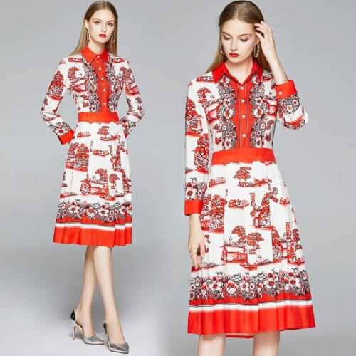 Wholesale New Summer Runway Vintage Print Collar Long Sleeve Empire Waist Women Ladies Party Casual Party A-Line Midi Dress