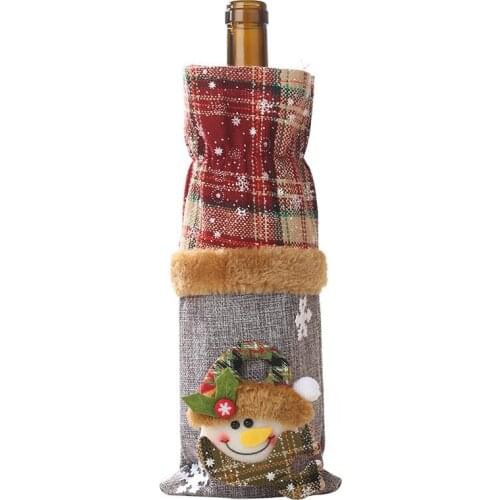 Santa Claus Snowman Elk Christmas Decorations Wine Bottle Cover Plaid Linen Bottle Decoration Champagne Bottles Topper Bag