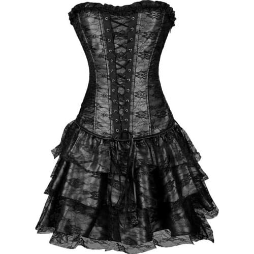 Sexy Womens Steampunk Boned Lace up Corset Dress Clothing Gothic Slimming Overbust Burlesque Bustiers with Skirt Top