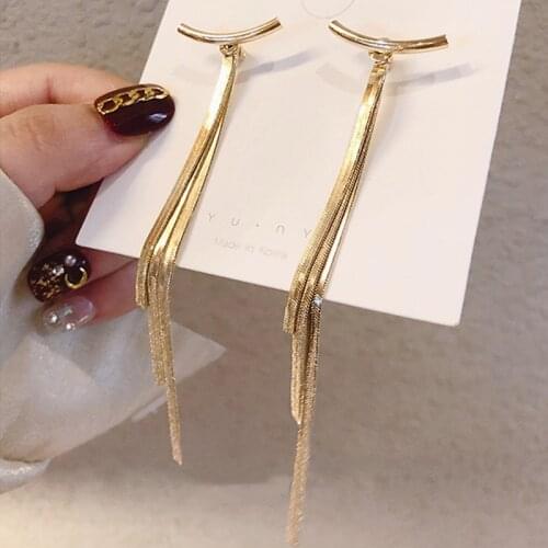Vintage Gold Color Bar Long Thread Tassel Drop Earrings for Women Glossy Stainless Steel Earrings Fashion Jewelry 2021 New