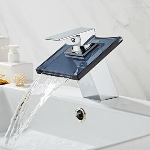 Bathroom Waterfall Basin Faucet Black Glass Waterfall Brass Basin Faucet Bathroom Mixer Tap Deck Mounted Basin Sink Mixer Tap