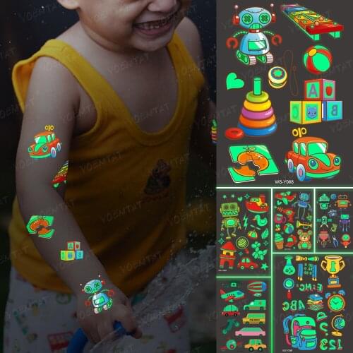 Luminous Glitter Tattoo Stickers Toy Car Children Temporary Waterproof Ball Blocks Tatto Body Art Cute Kid Cartoon Fake Tatoo