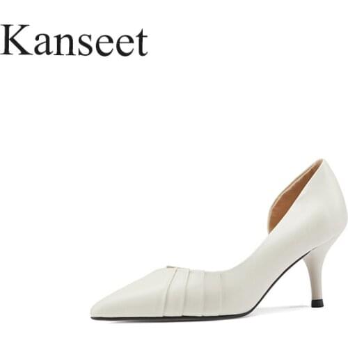 Kanseet Elegant Pointed Toe Women Shoes 2021 Spring Autumn Real Leather Party Dress Shoes High Heels Pumps Concise Large Size 43