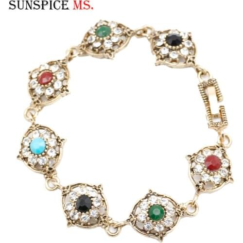 SUNSPICEMS Indain Retro Gold Color Wedding Bracelet For Women Rhinestone Resin Wrist Chain Turkish Ladies Festival Jewelry Gift