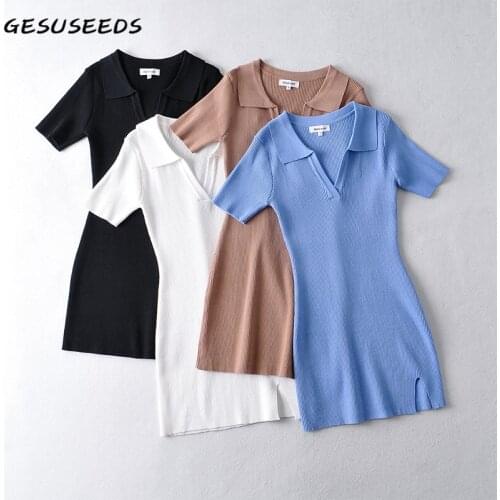 Summer short sleeve dress women vintage mini dresses korean knitted dress white turn down collar dresses black split dress 2021