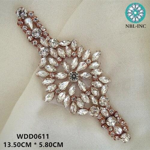 30PCS) Wholesale hand beaded sewing rose gold clear crystal rhinestone applique for dresses DIY iron on WDD0611