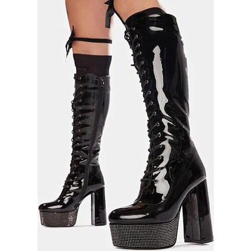 Patent Leather Round-Toe Motorcycle Boots Womens Punk Style Lace-Up Boots Female Platform Thick Heel Black Leather Punk Shoes