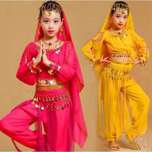 Children Belly Dance Costumes for Girls Oriental Indian Stage Dancing Costumes Set 4PCS(Top Shirt+Head Scarf+Waist Chain+Pant)