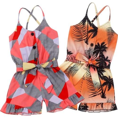 1-4Years Children Geometry Print Short Romper Girls Sleeveless V-neck Sling Jumpsuit with Waistband