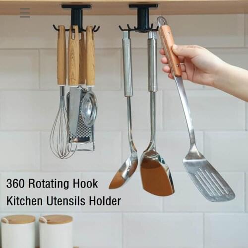 360 Degrees Rotated Hooks Kitchen Utensils Holder Hanger Retractable Storage Shelf Adhesive 6 Hooks Bathroom Accessories