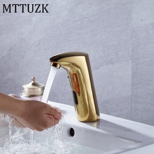MTTUZK Brass Golden Integrated type Automatic Sensor Faucet Bathroom Wash Basin Deck Mounted Touchless infrared Faucet