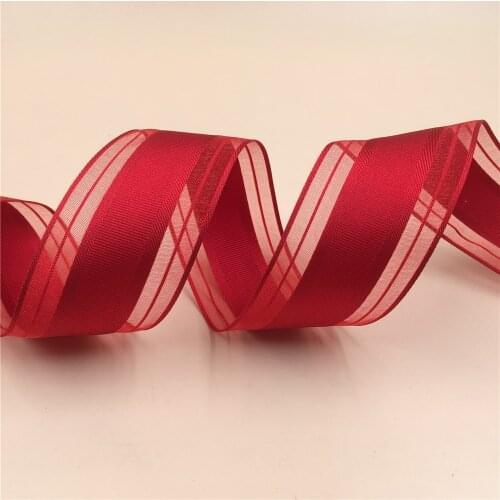 38MM X 25 Yards Red Organza Stripes Wired Edge Ribbon for Birthday Decoration Gift Wrapping 1-1/2" N2214