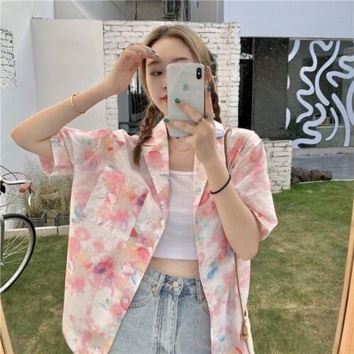 Summer Harajuku Vintage Shirt Short Sleeve Girls Oversize Chic Women Beautiful Blouse Floral Pink Top Korean Style TShirt