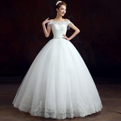 LOVSKYLINE Free Shipping Vintage Boat Neck Pearl chain Ivory Wedding Dresses Plus Size Bling Bridal Gown