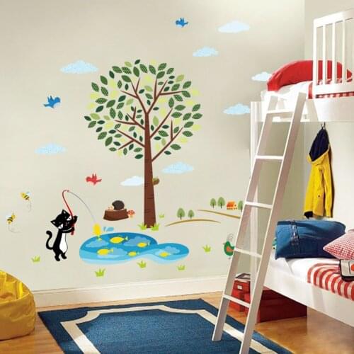 Cute Cat Fishing Wall Stickers For Kids Room Bedroom Decoration Diy Animals Thems Walls Mural Art Pvc Posters Home Decals