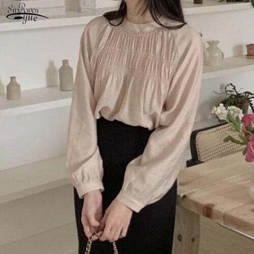 Fashion Pleated Long Sleeve Vintage Blouse Puff Sleeve Korean Chic O-neck Blouse Elegant Causal Folds Loose Cotton Shirt 16956
