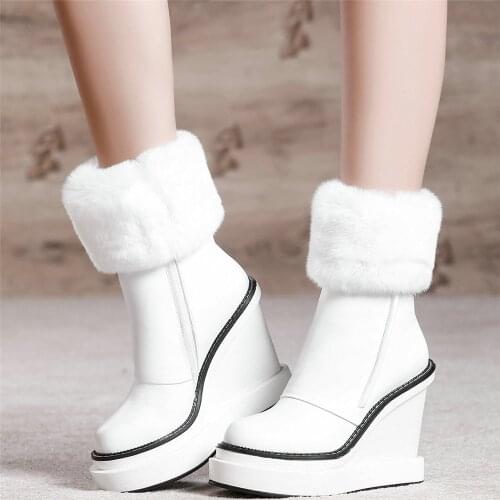 High Top Winter Fashion Sneakers Women Genuine Leather Wedges High Heel Ankle Boots Female Warm Rabbit Fur Platform Pumps Shoes