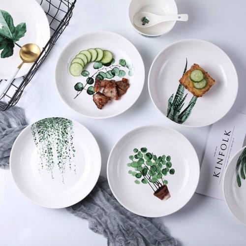 Nordic Green Plant Plate Creative Ceramic Plate Household Meal Tray Fruit Plate Ins Tableware Ceramic Bowl Dish & Plate Set