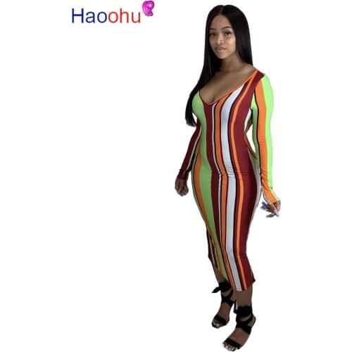 HAOOHU New sale 2020 summer sexy lady 3 colors striped mid-calf dress full sleeve deep V-neck sheath dress young elegant dress