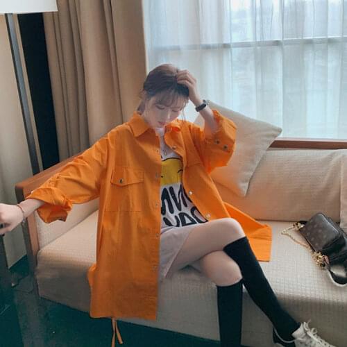 2021 Spring And Autumn New Outer Wear All-Match Orange Design Shirt Women Loose Retro Hong Kong Style Jacket Tops Harajuku
