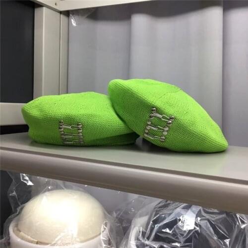 202107-weimin NEW Bright green Metal rivet Breathable knitting lady beret hat men women Leisure painter hat