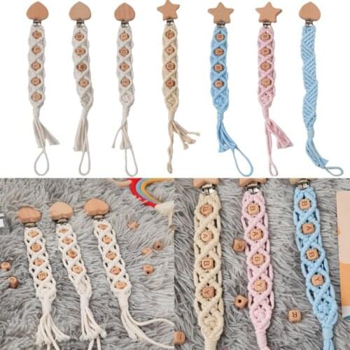 OOTDTY 1 Pc Handmade Crochet Baby Pacifier Chain Woven Cotton Rope Heart Shape Beech Wood Pacifier Clip DIY Dummy Nipple Holder