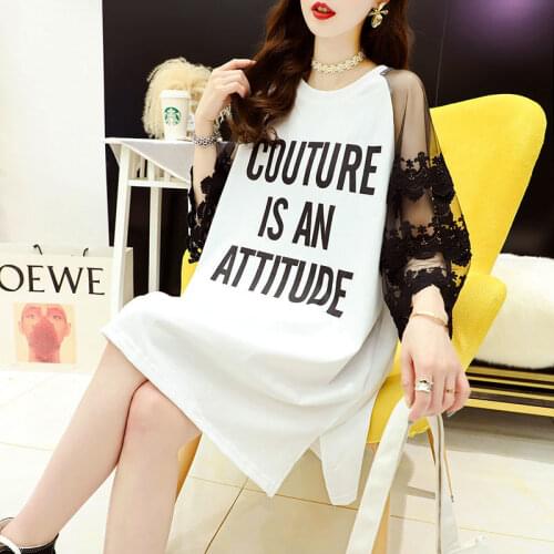 Oversized Cotton T Shirt Women Summer 2021 Lace Letter Print Short Sleeve Casual Tees Plus Size Female Tshirts Harajuku Mesh 190