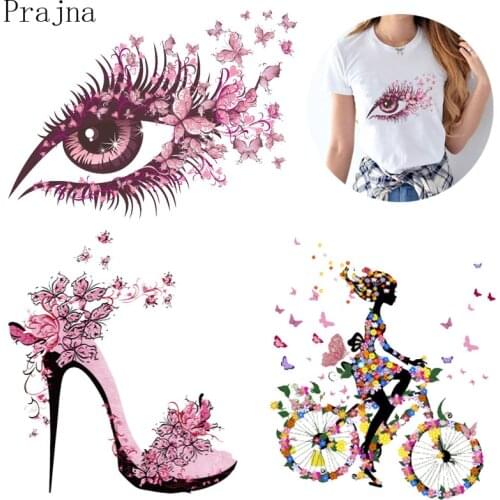 Prajna Flower Butterfly Iron On Transfer Vinyl PVC Heat Transfer Patches For Clothes Fabric Sticker Patch DIY Applique Washable