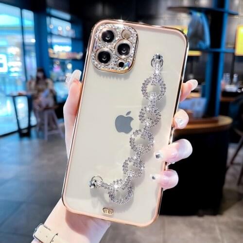 Plating Transparent Camera Glitter Diamond Bracelet Phone Case for iphone 11 12 Pro Max MiNi XR X XS 7 8 plus SE 20 Soft Cover
