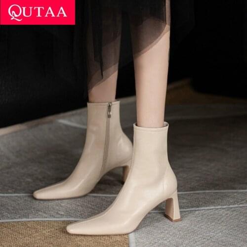 QUTAA 2020 Genuine Leather Thick Heel Shoes Winter Fashion Zipper Women Mid Calf Boots Sexy Pointed Toe Slip on Boot Size 34-39