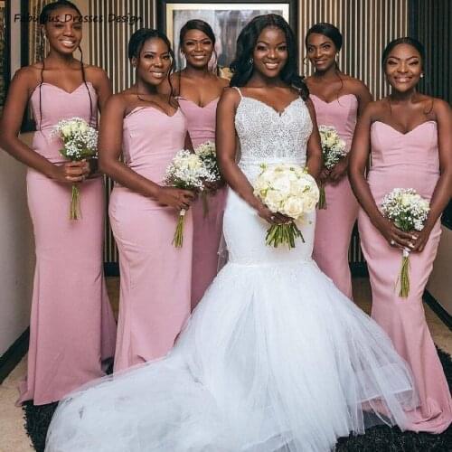 Pink Strapless Long Bridesmaid Dresses Mermaid African Sweetheart 2021 Wedding Party Dress Cheap Robe De Soirée De Mariage