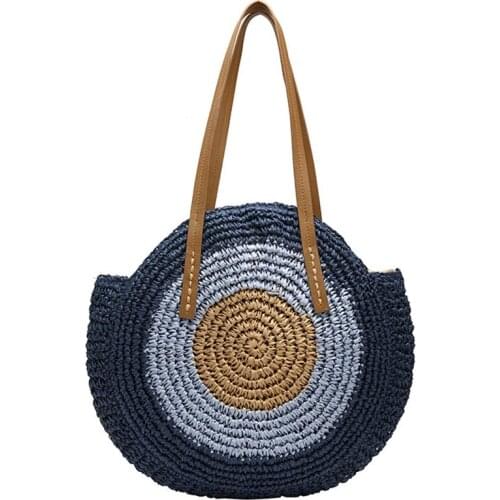 Straw Bag WomenS Fashion Shoulder Bag Center Round Rattan Straw Hand-Woven Bohemian Large Size Beach Bag Blue