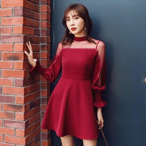 YIGELILA New Arrivals A-line Deep Wine Dress Full Sleeves Backless Sexy Dress Lantern Sleeves Above-knee Short Party Dress 65326