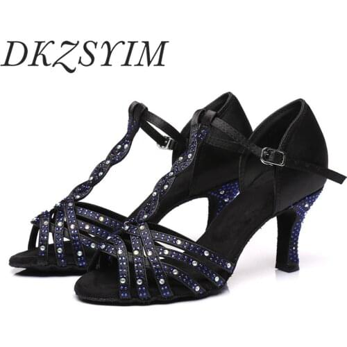 DKZSYIM Blue Latin Women Shoes Satin Salsa Ballroom Shoes Big Small Rhinestone Fasnion T-Belt Dance High-Heels Hot Sales 2020